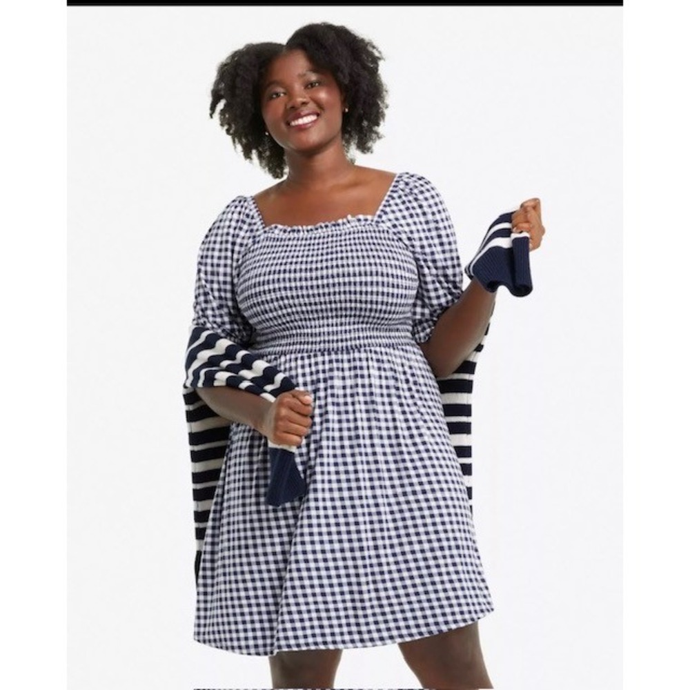 Draper James Gingham Dress Smocked‎ Mini Square Neck Short Sleeve Casual Size 2X